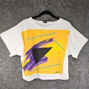 80s Kitty Hawk Abstract Print Cropped Graphic Tee, White Yellow, Large, FLAW